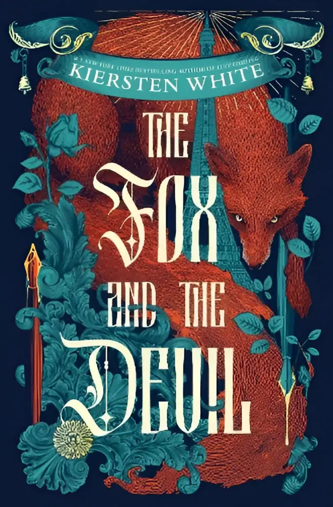 The fox and the devil book cover features a stylized red fox with intricate teal foliage and decorative elements
