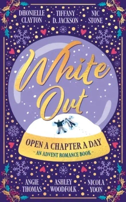 Whiteout een adventsboek met een paarse omslag gouden letters en een sneeuwbol met dansende silhouetten