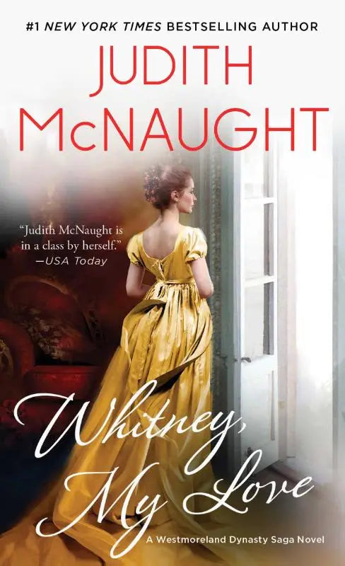 A golden-yellow satin gown with puffed sleeves from whitney my love shown in profile near an open window