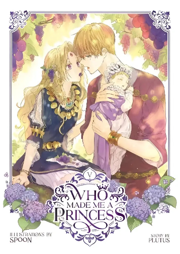 De cover van de geïllustreerde manga who made me a princess vol 5 met een sierlijk ontwerp in paars en goud
