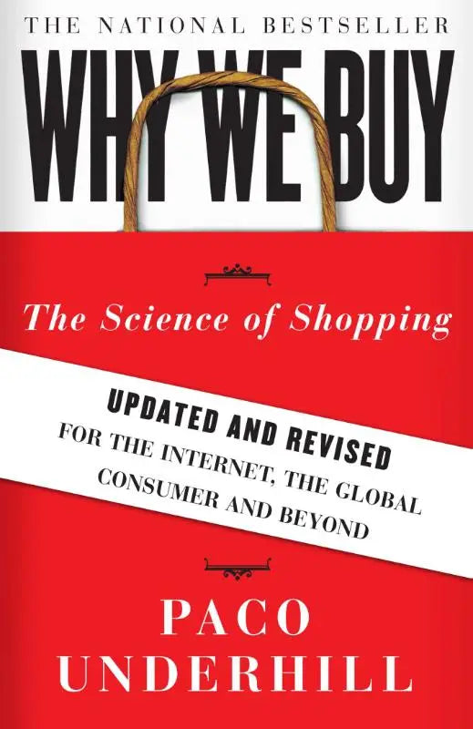 Rode boekomslag met wit winkelbagt ontwerp en zwarte tekst why we buy the science of shopping door paco underhill en revised