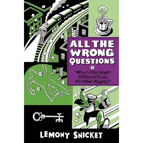 De boekcover van all the wrong questions 4 door lemony snicket toont een zwart-wit illustratie met groene accenten en detectivethema