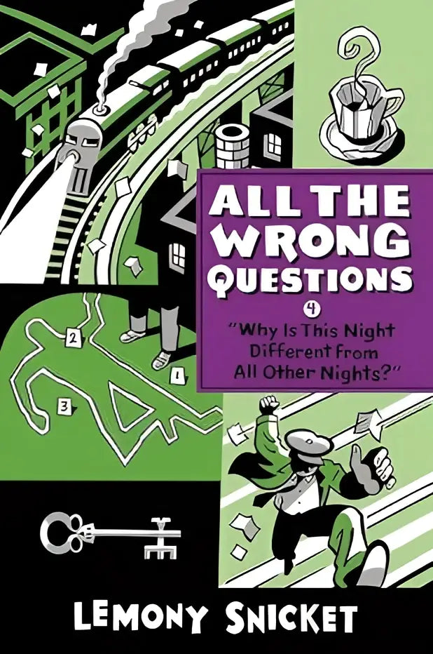 De boekcover van all the wrong questions 4 door lemony snicket toont een zwart-wit illustratie met groene accenten en detectivethema