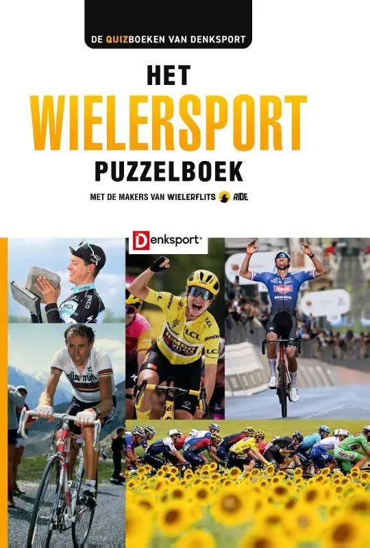De cover van het wielersport puzzelboek toont een kleurrijke collage van wielrenners in actie voor denksport fans