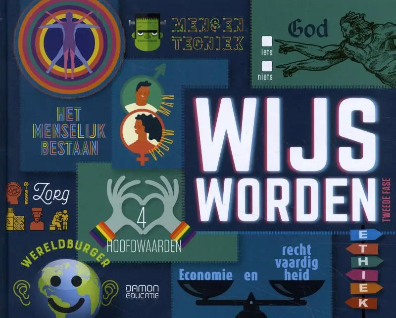 De cover van het educatieve boek wijs worden tweede fase door damon educatie met witte letters en kleurrijke illustraties