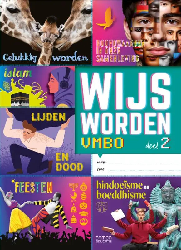 Het vmbo deel 2 leerwerkboek wijs worden vmb0 deel 2 in turquoise en wit met pixeltypografie van damon educatie