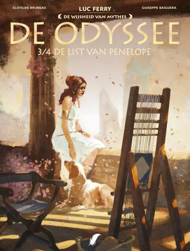 Een vrouw in een vloeiende witte jurk zit naast een sierlijke houten weefgetouw op de cover van wijsheid van mythes