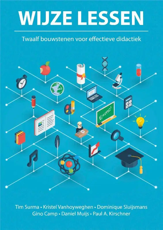 Blauwe boekcover wijze lessen met witte tekst en kleurrijke isometrische iconen verbonden door lijnen van paul kirschner en tim surma