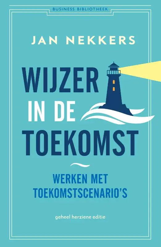 Teal boek cover van wijzer in de toekomst door jan nekkers met navy blauwe vuurtoren en gele licht atlas contact management algemeen