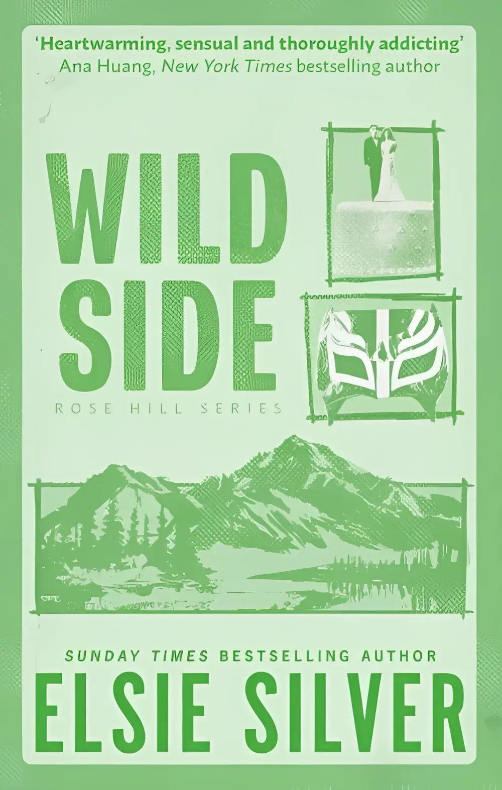 Groen boekomslag van wild side door elsie silver met berglandschap en illustraties van bruidstaart en koppel small-town romance
