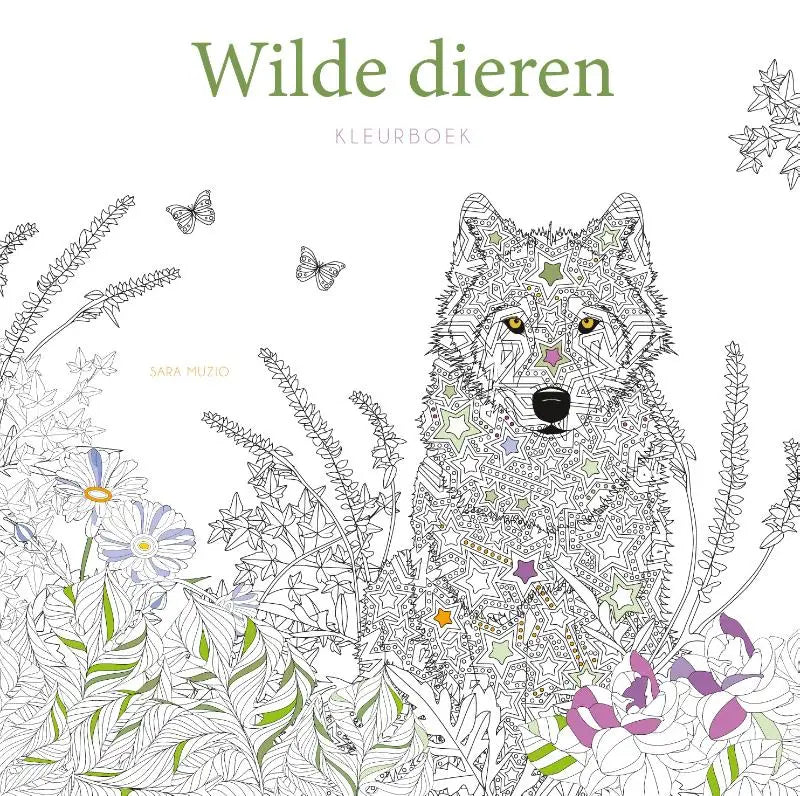 Een gedetailleerde illustratie van een wolf met sterren en geometrische patronen in groen, paars en goud op de cover van het wilde dieren kleurboek van Sara Muzio