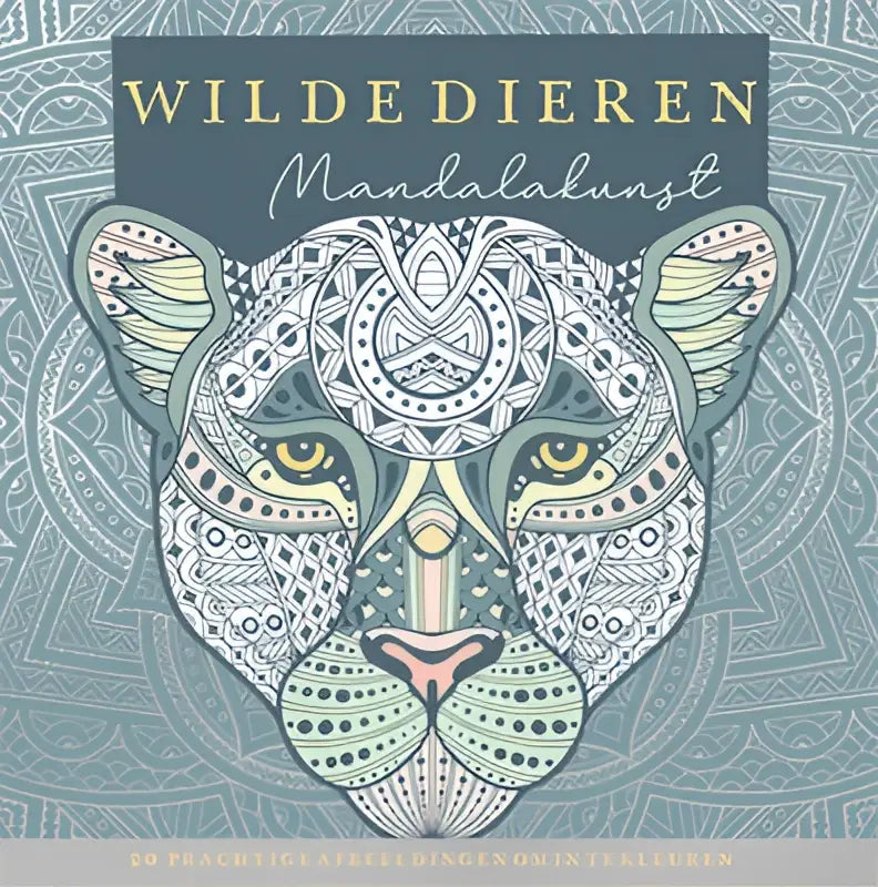 Wilde dieren mandalakunst kleurboek omslag met teal en witte mandala stijl luipaard gezicht en geometrische patronen