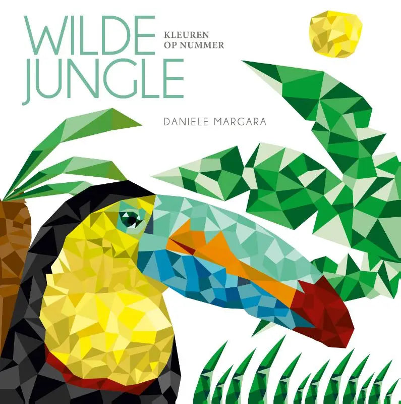 Vibrante geometrisch gestileerde toekan met gele borst, zwarte kop en veelkleurige snavel in wilde jungle kleuren op nummer