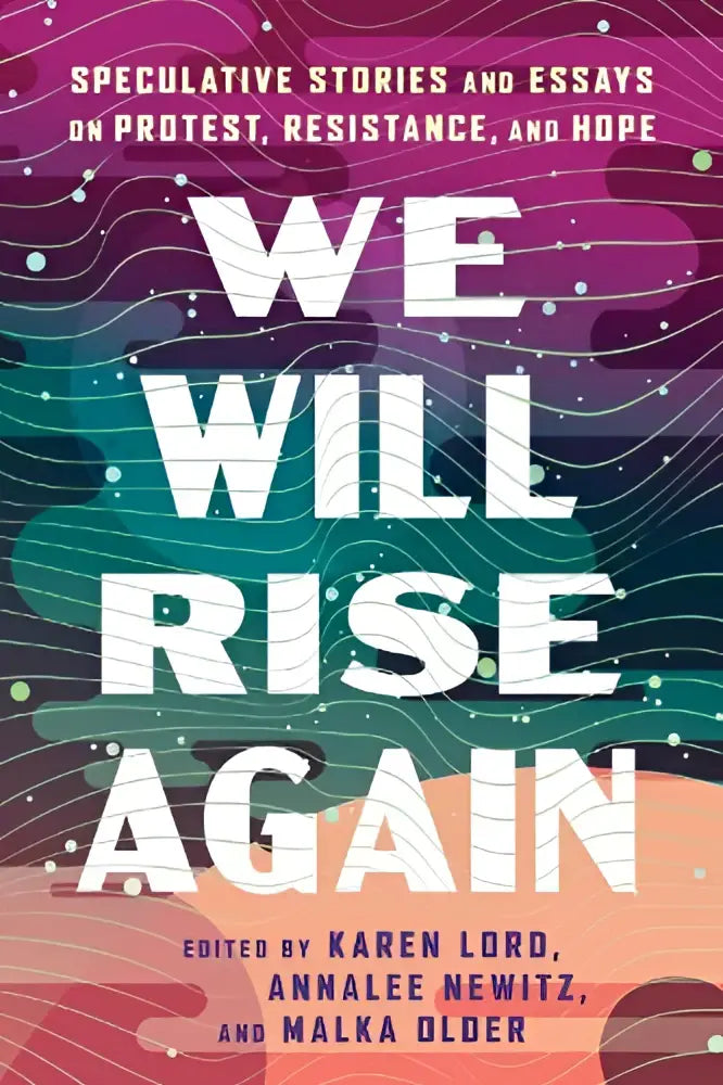 De boekcover van we will rise again toont witte tekst op een levendige abstracte achtergrond van paarse, teal en oranje tinten