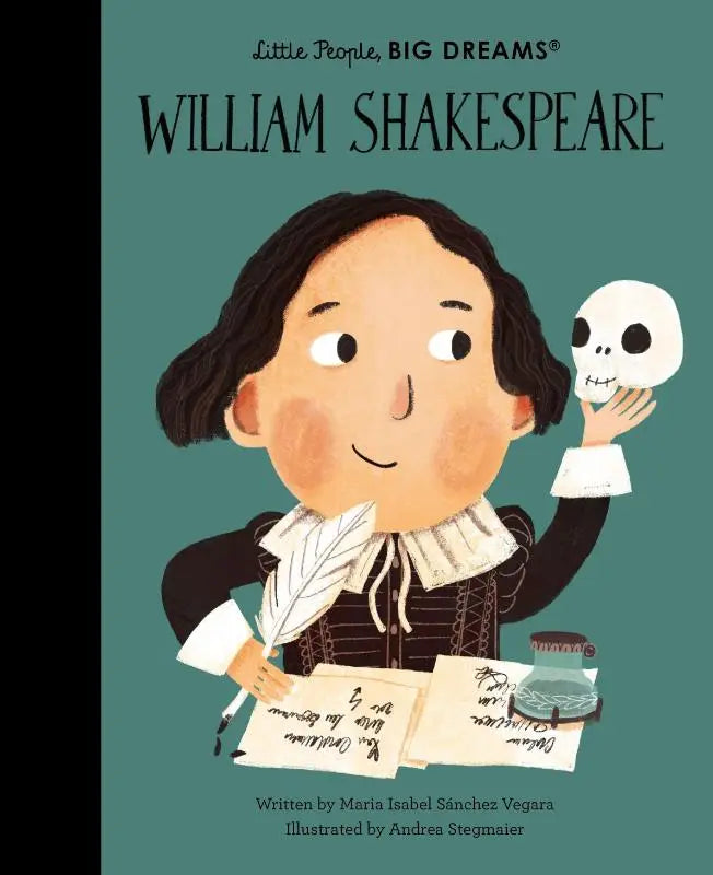 Een charmant geïllustreerde kinderboekcover van william shakespeare met een zachte turquoise achtergrond en zwarte tekst met little people big dreams thema