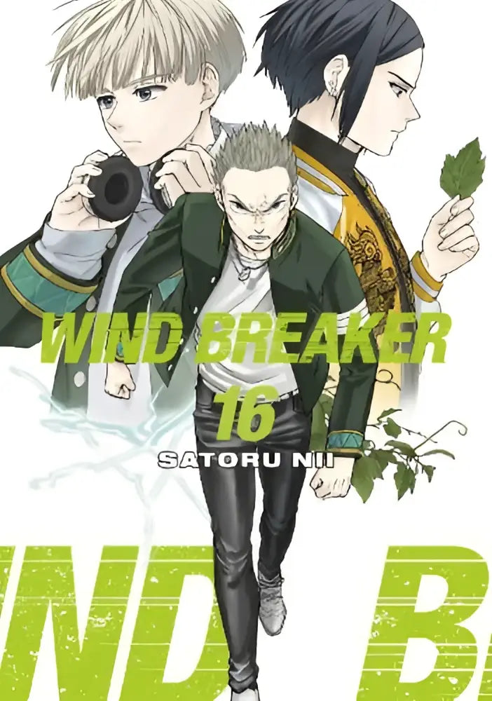 Groene en zwarte manga cover van wind breaker 16 met drie anime personages in verschillende kledingstyles