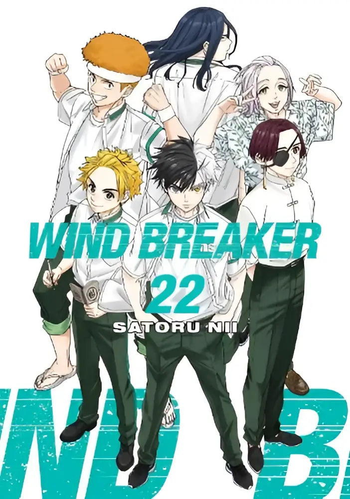 De cover van wind breaker volume 22 toont zes anime personages in witte uniformen met groene broeken en verschillende kapsels