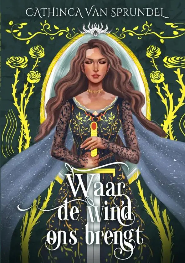 Donkergroene boekcover van waar de wind ons brengt met een vrouw in kanten jurk en zilveren kroon voor jonge lezers