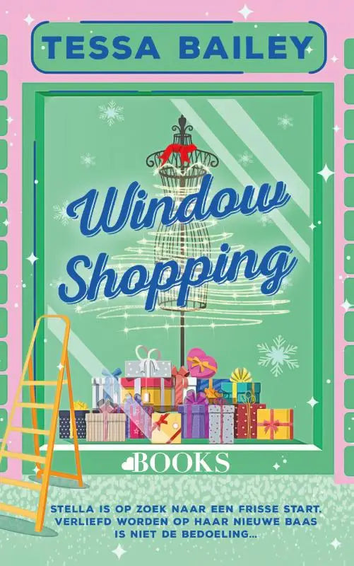 De boekcover van window shopping van tessa bailey toont een feestelijke, geïllustreerde scène met het titelbeeld