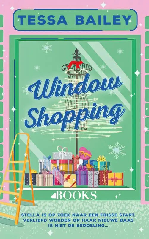 De cover van het boek window shopping van tessa bailey toont een groene achtergrond met een zwart etalagepop en feestelijke geschenken