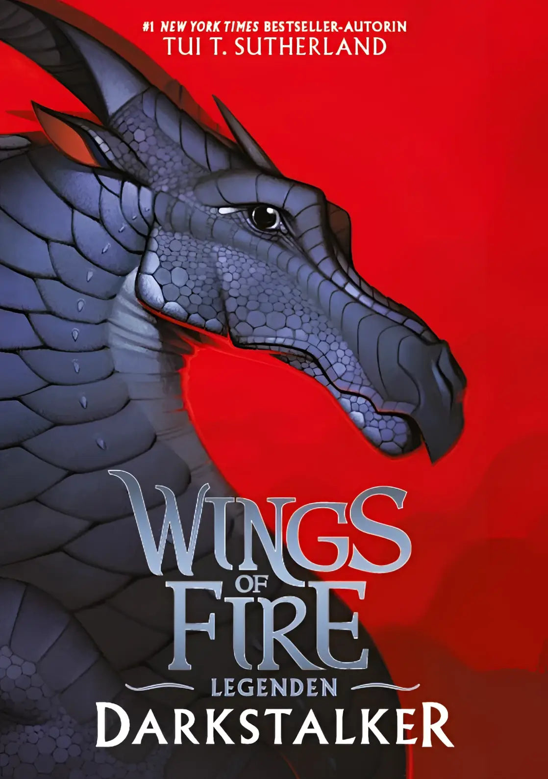 Donkere grijze draak met ingewikkelde schubben op de omslag van wings of fire legenden darkstalker deutsche ausgabe voor jonge lezers