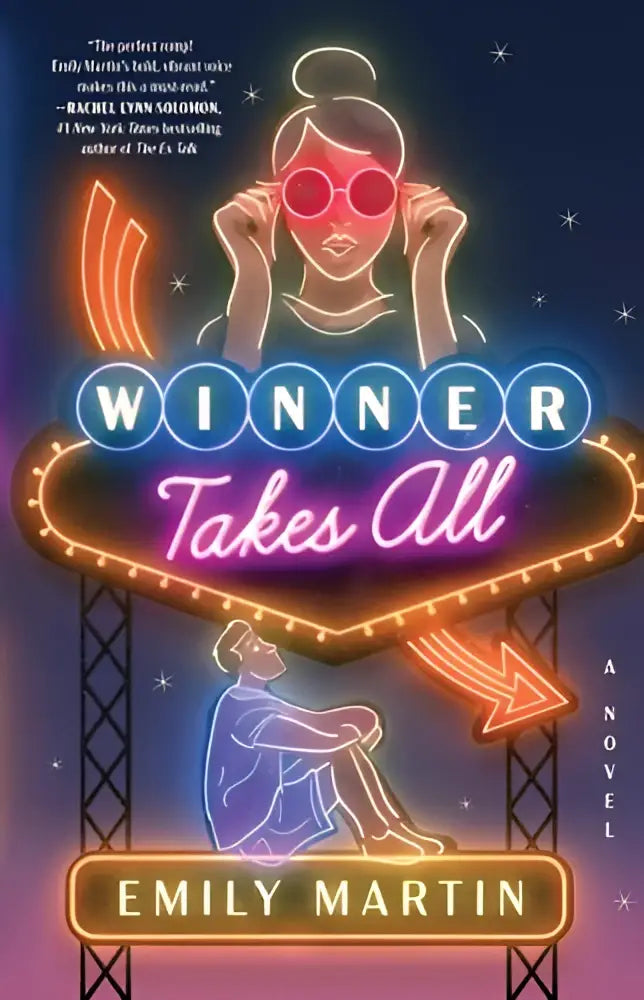 Neon verlichte winnaar takes all roman cover met vrouw in rode zonnebril en man onder verlicht bord tegen sterrennacht