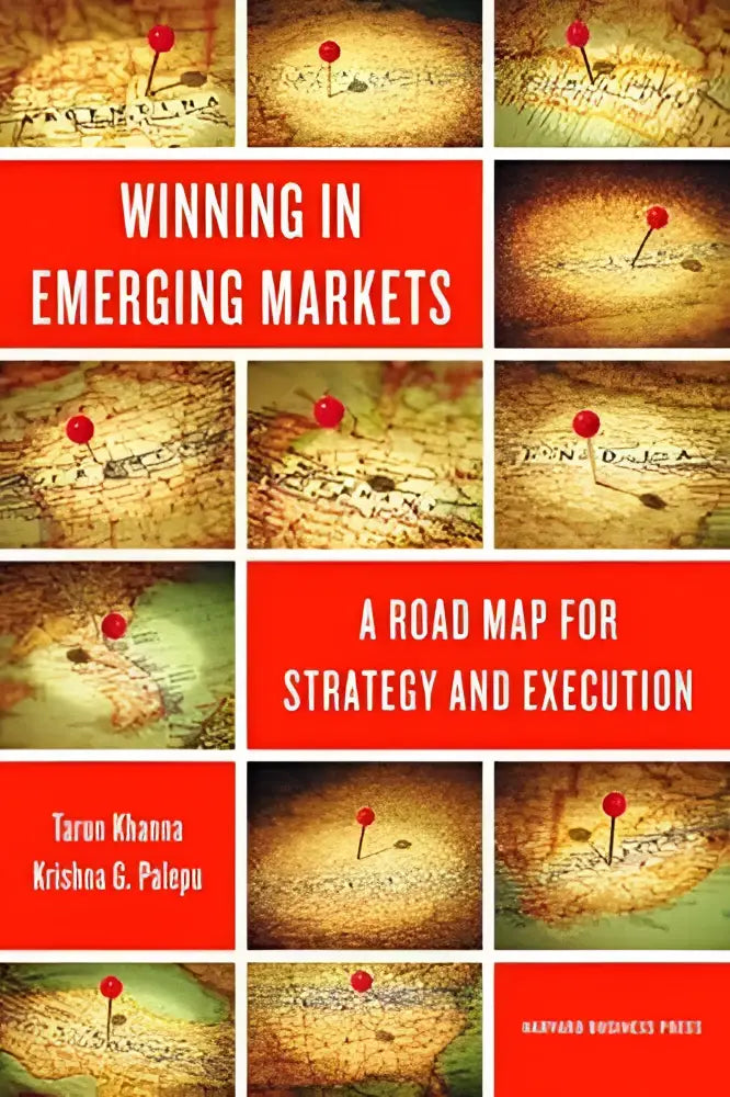 Rood boek met winning in emerging markets als titel en een collage van vintage wereldkaarten als map for strategy
