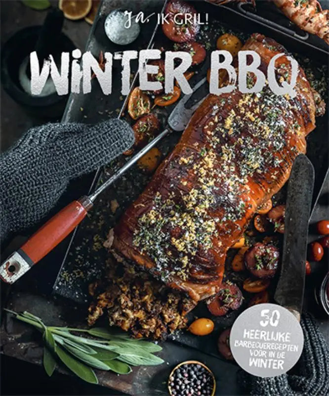 A glossy golden-brown roasted pork loin with crispy skin and herb garnish for winter bbq