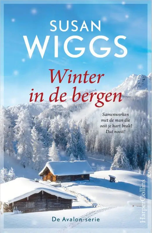 The book cover shows a snowy mountain village with wooden cabins under a blue sky titled winter in de bergen by susan wiggs