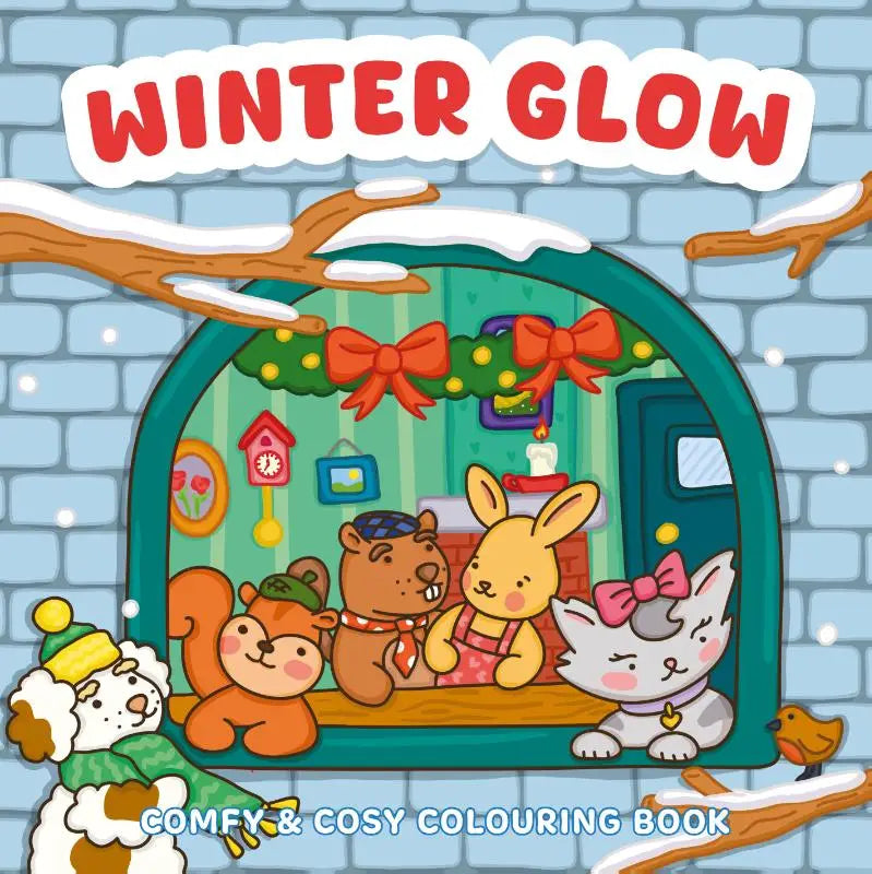 Winter glow cosy colouring book with charming cartoon animals in a snowy festive winter scene for cosy colouring