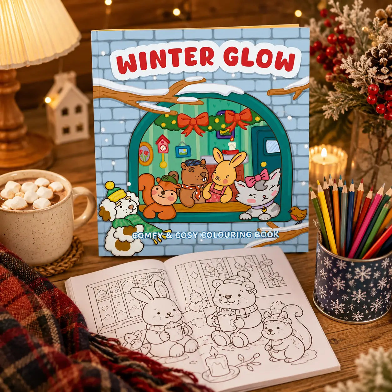 Winter glow kleurboek met kawaii dieren in een gezellige winterse scène voor ontspannend kleuren