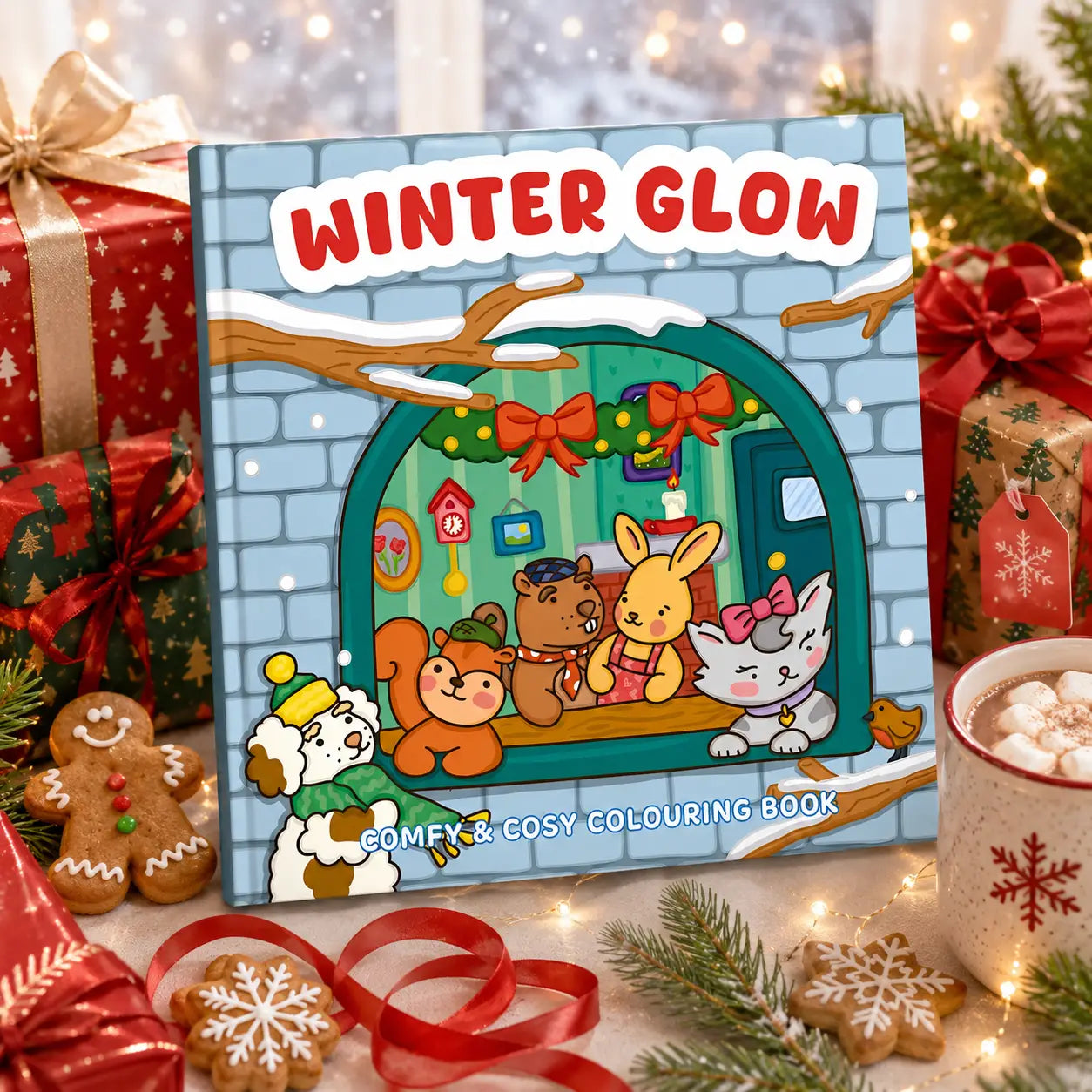 Winter glow kleurboek met een charmante illustratie van kawaii dieren in een gezellige sneeuwachtige feestelijke scène