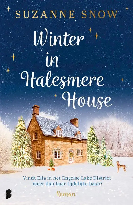 Winter in Halesmere House toont een knusse, met sneeuw bedekte stenen woning in het Engelse Lake District
