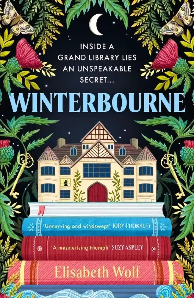 The book cover of winterbourne a spellbinding features a whimsical gothic library with floral details bonnier books ltd