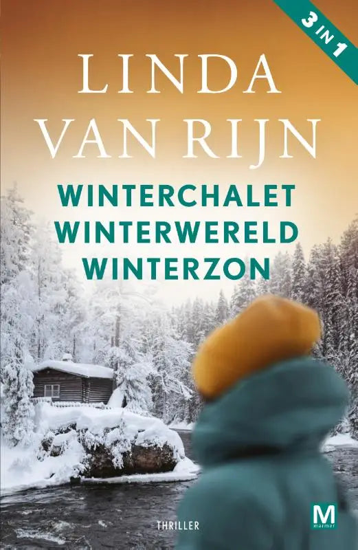 De boekcover toont een winterse scène met de titel winterchalet winterwereld winterson van linda van rijn in teal en wit tegen een oranje achtergrond
