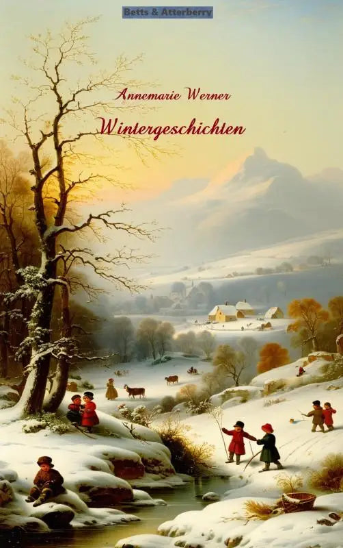 De boekcover van wintergeschichten toont een klassieke winterlandschap schilderij met sneeuw en kinderen voor jonge lezers
