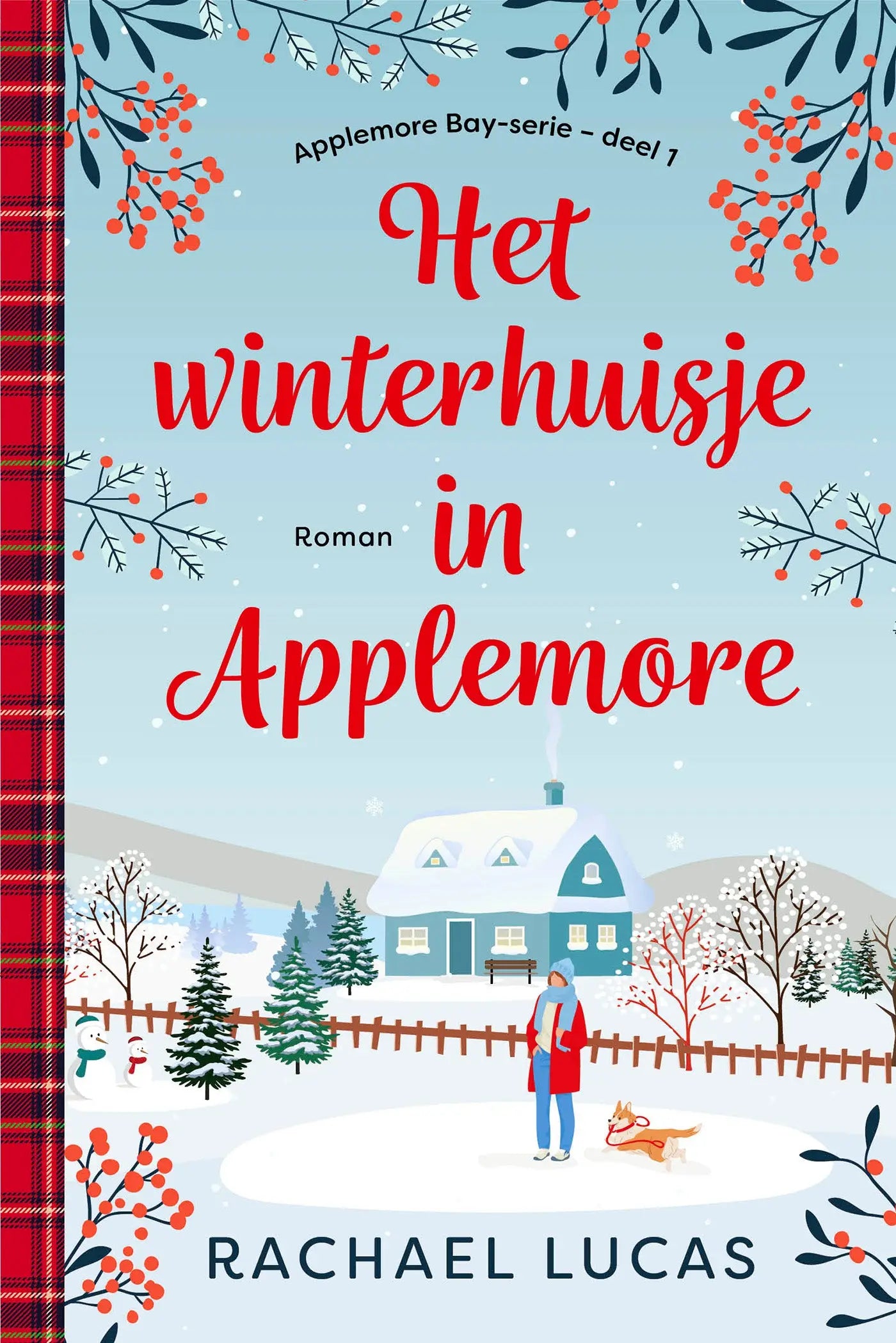 A charmant geïllustreerde cover van het winterhuisje in applemore met een gezellig blauw huis en winterse bomen door rachael lucas