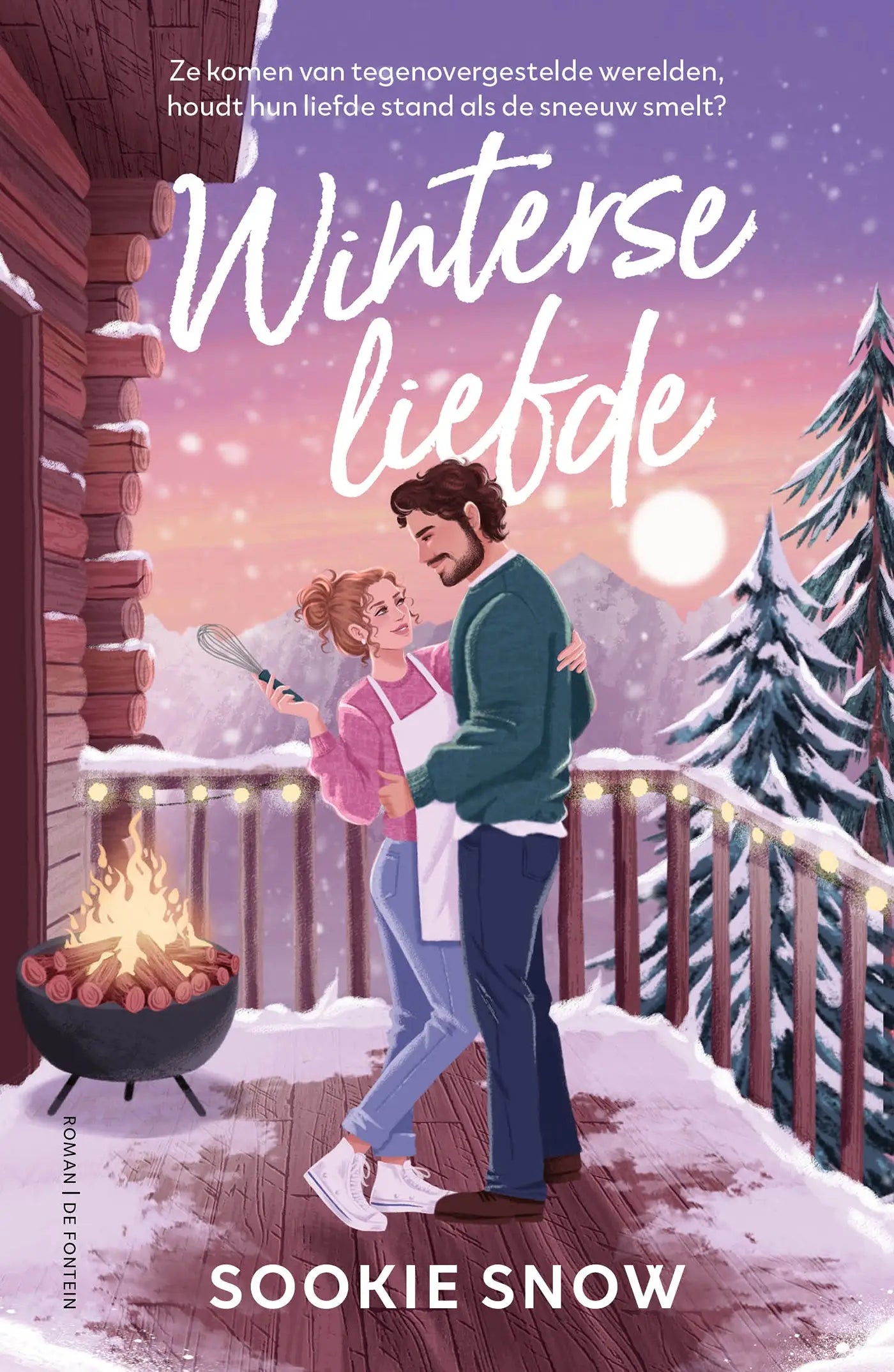 De boekcover van winterse liefde toont een romantisch tafereel met een omarmend paar in een sneeuwrijke omgeving