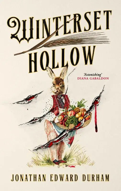 De boekcover van winterset hollow toont een geïllustreerde konijn in rood vest met fruitmand en zwarte sierletters