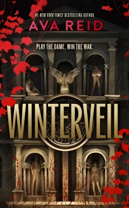 Boekcover van Winterveil door Ava Reid met gouden titel, stenen boog en rode bloemblaadjes geïnspireerd op de Koude Oorlog