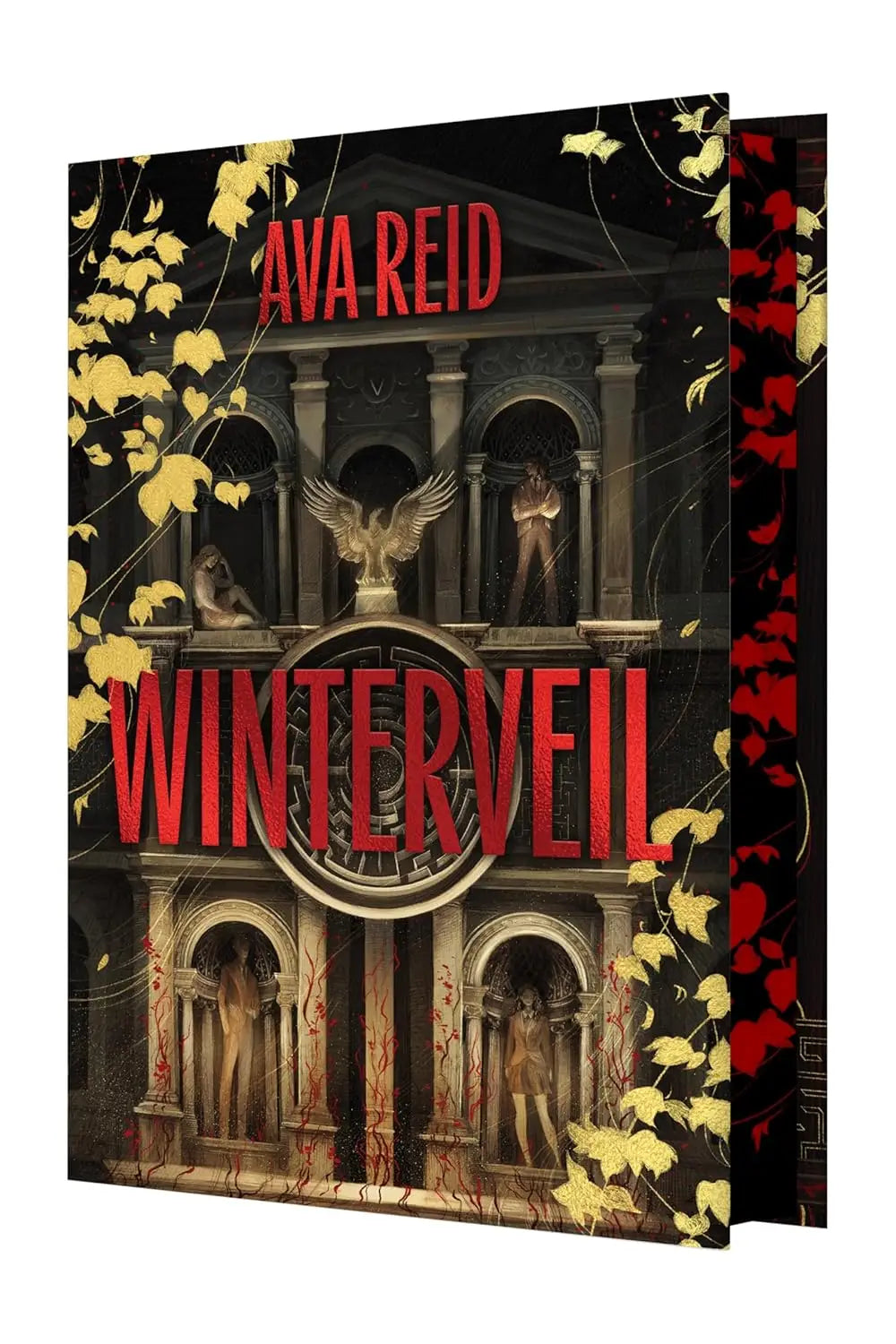 De deluxe limited edition van winterveil door ava reid heeft een donker gotisch omslag met gouden bladeren en rode accenten