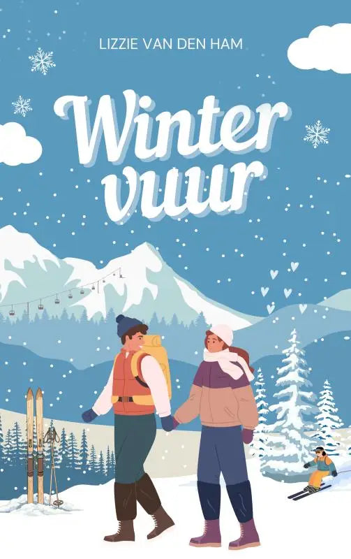 Wintervuur boekcover door lizzie van den ham toont twee warm geklede figuren hand in hand in een besneeuwd berglandschap met romantische spanning