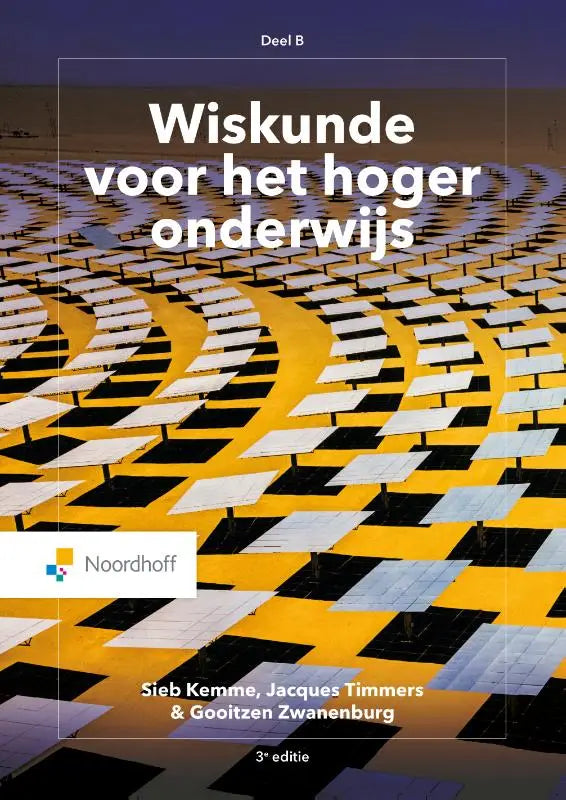 Het boek wiskunde voor het hoger onderwijs van gooitzen zwanenburg en jacques timmers toont een geometrisch patroon van zwarte en gele zonnepanelen