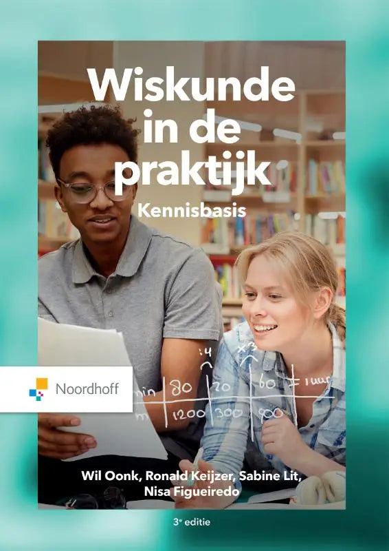 De cover van het wiskunde in de praktijk-kennisbasis boek met nisa figueiredo en ronald keijzer met studenten bij whiteboard