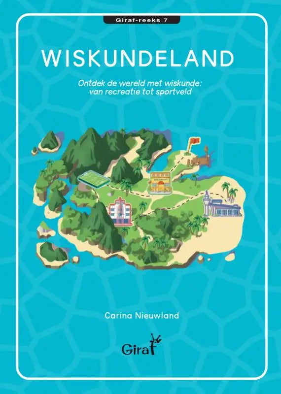 Blauwe geïllustreerde boekomslag met cartoonkaart van eiland voor wiskundeland ontdek de wereld met wiskunde
