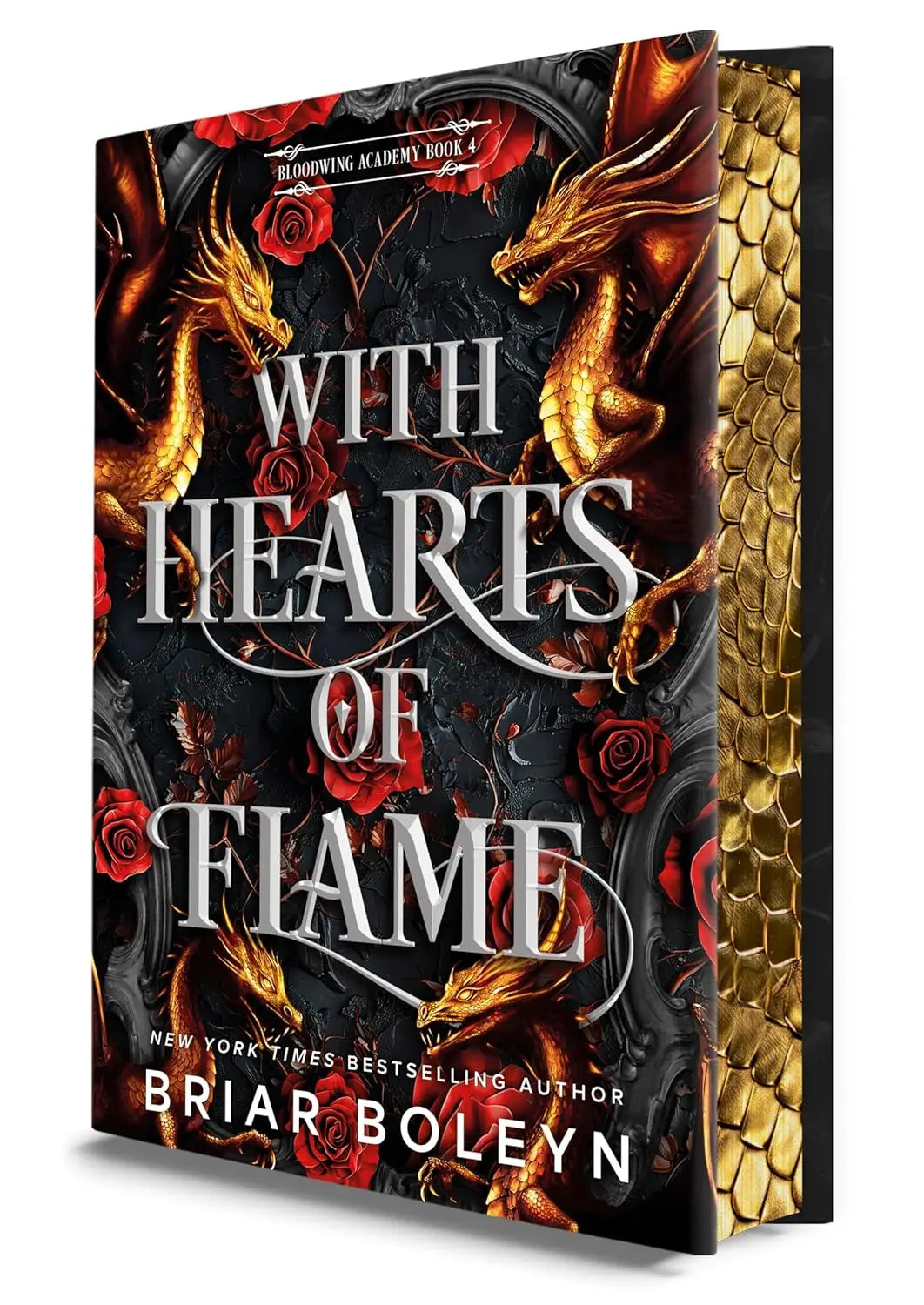The deluxe limited edition of with hearts of flame features a dark academia romantasy novel cover with golden dragons and red roses