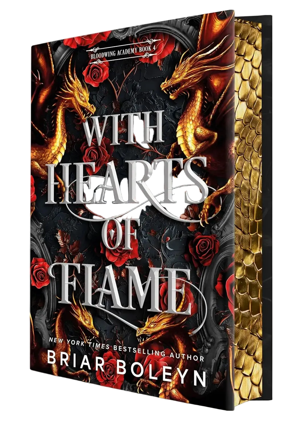 The deluxe limited edition of with hearts of flame features a dark academia romantasy novel cover with golden dragons and red roses