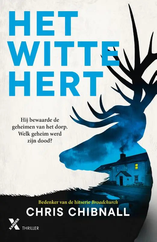 Blauw boekomslag van het witte hert met silhouet van een hertenkop en een verlicht huis binnenin