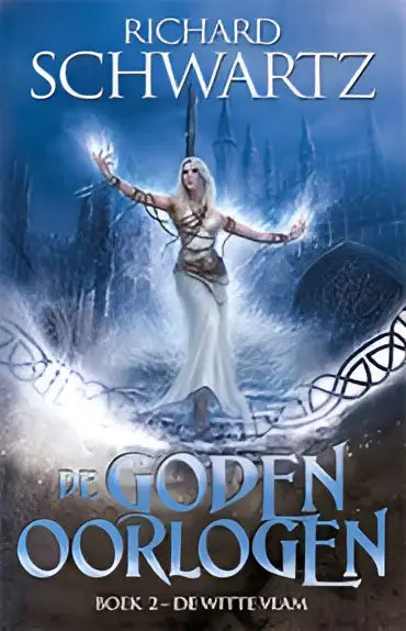 Fantasyboek De Witte Vlam met een figuur in een witte jurk en lang blond haar in een ijzig landschap