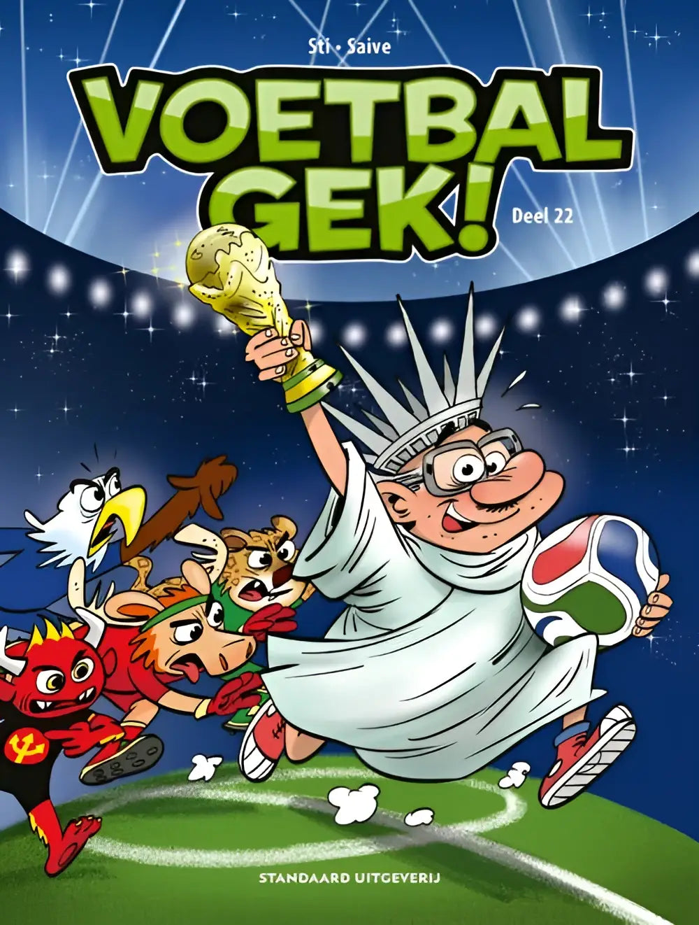 Cartoon personage gekleed als beeld van vrijheid met gouden trofee en voetbal in wk-special product
